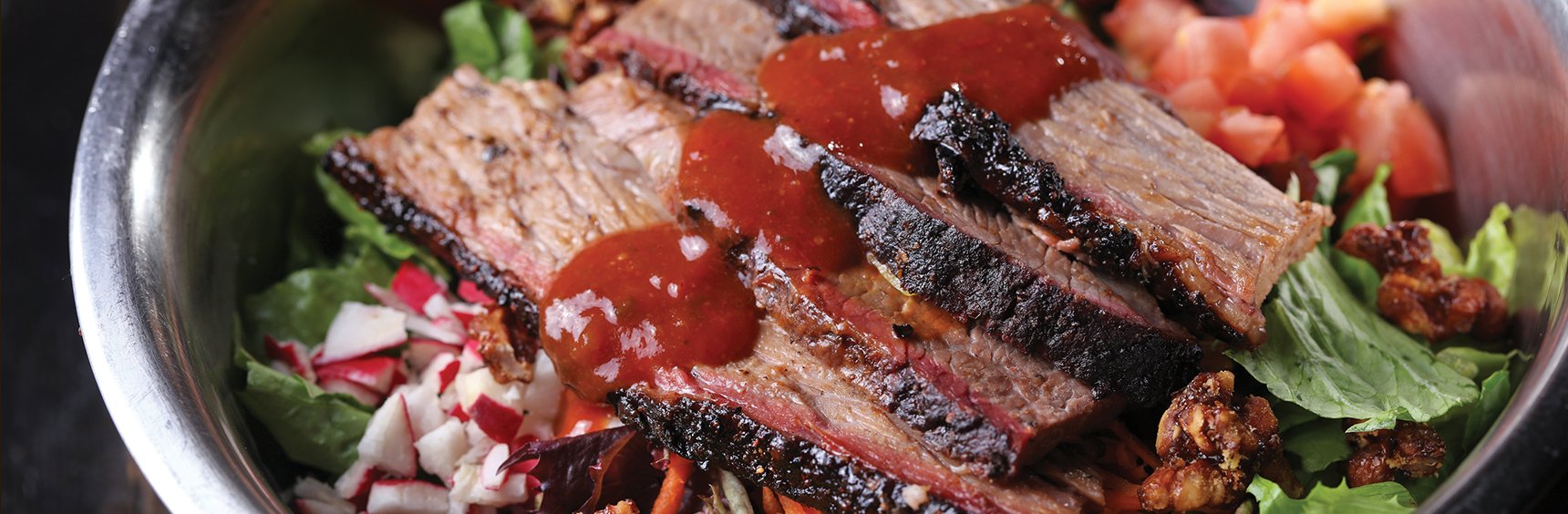 Brisket salad in metal bowl