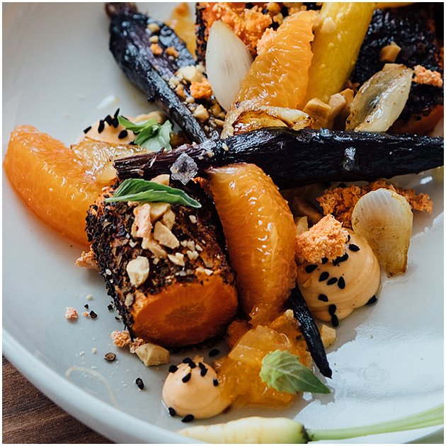 Close-up of roasted vegetables on plate