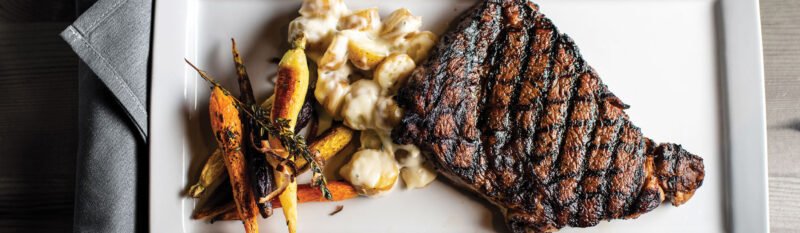 Overhead of steak on plate