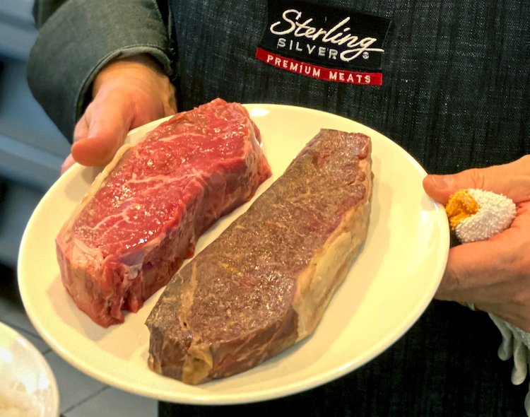 Raw and cooked steaks on a plate