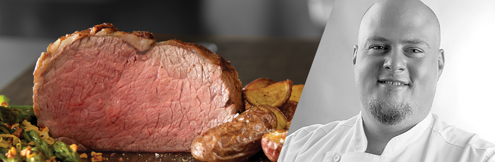 Plate of beef and a headshot of Chef Jesse Moore